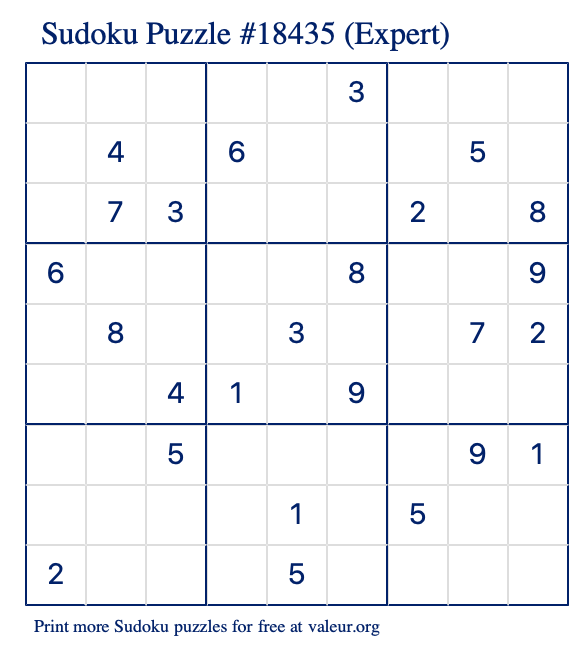 Free Printable Expert Sudoku Puzzle number 18435