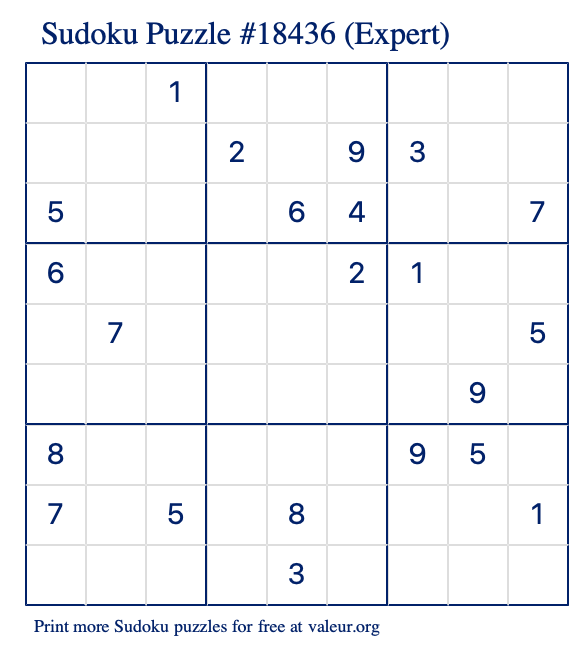 Free Printable Expert Sudoku Puzzle number 18436