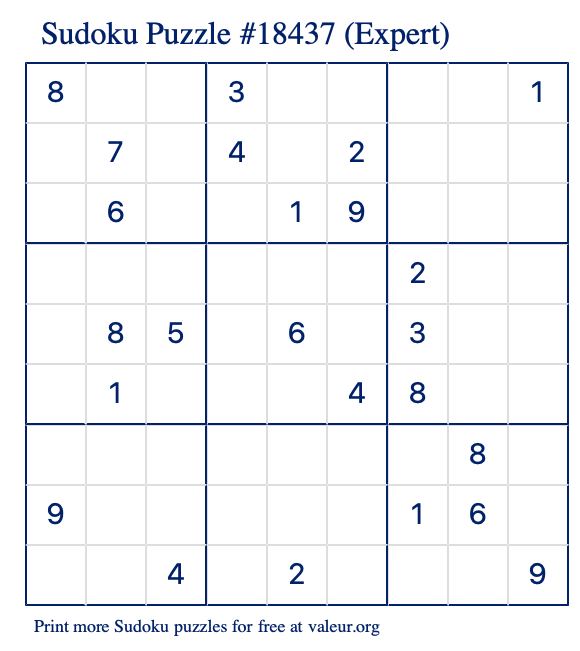 Free Printable Expert Sudoku Puzzle number 18437