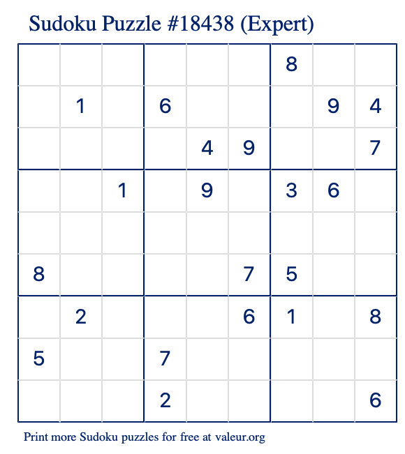 Free Printable Expert Sudoku Puzzle number 18438