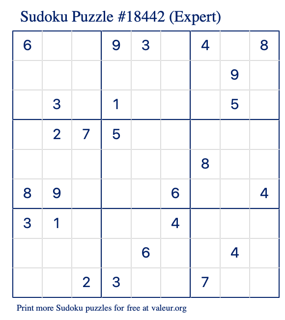 Free Printable Expert Sudoku Puzzle number 18442
