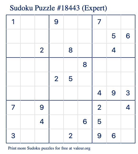 Free Printable Expert Sudoku Puzzle number 18443