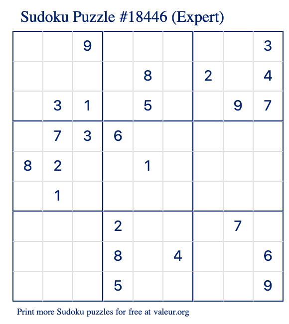 Free Printable Expert Sudoku Puzzle number 18446