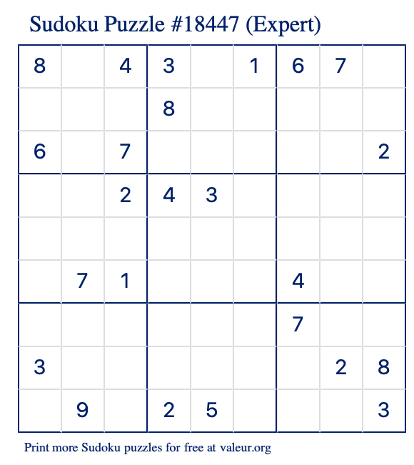 Free Printable Expert Sudoku Puzzle number 18447