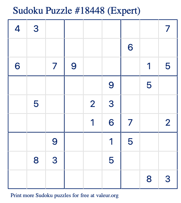 Free Printable Expert Sudoku Puzzle number 18448