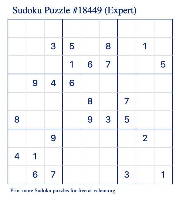 Free Printable Expert Sudoku Puzzle number 18449