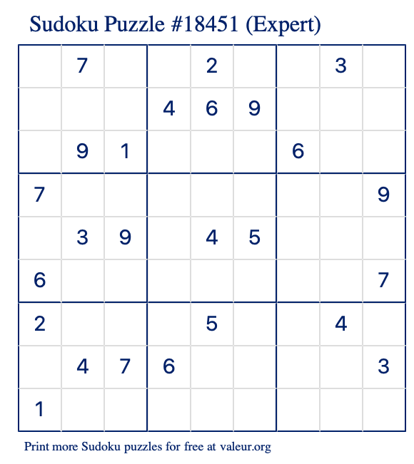 Free Printable Expert Sudoku Puzzle number 18451