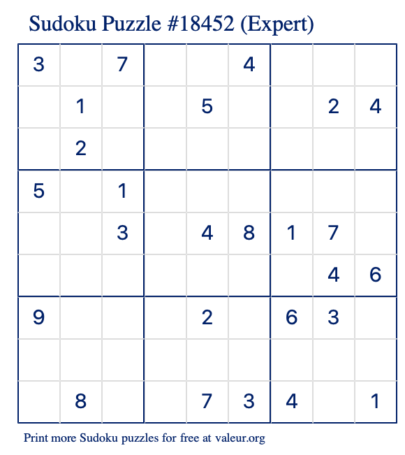 Free Printable Expert Sudoku Puzzle number 18452