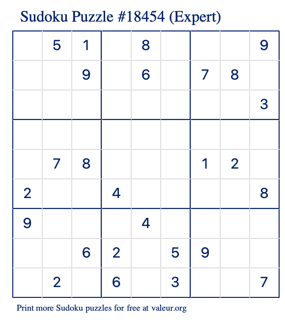 Free Printable Expert Sudoku Puzzle number 18454
