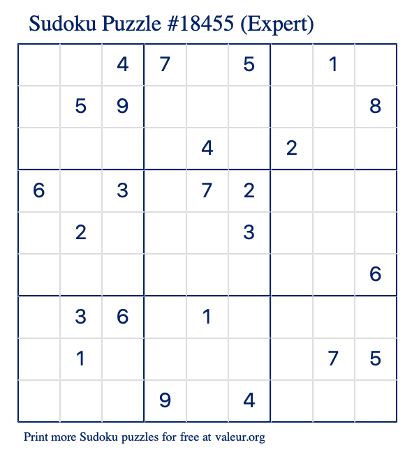 Free Printable Expert Sudoku Puzzle number 18455