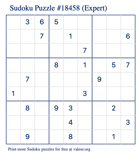 Free Printable Expert Sudoku Puzzle number 18458