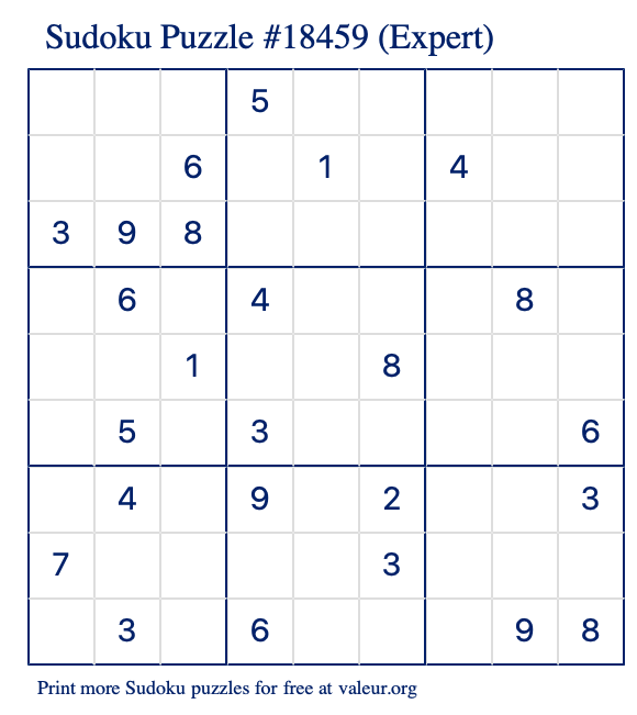 Free Printable Expert Sudoku Puzzle number 18459