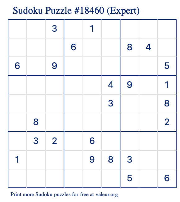 Free Printable Expert Sudoku Puzzle number 18460