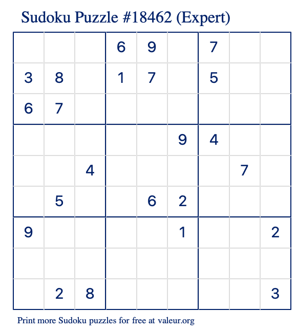 Free Printable Expert Sudoku Puzzle number 18462