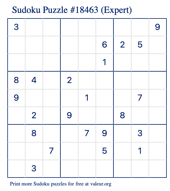 Free Printable Expert Sudoku Puzzle number 18463