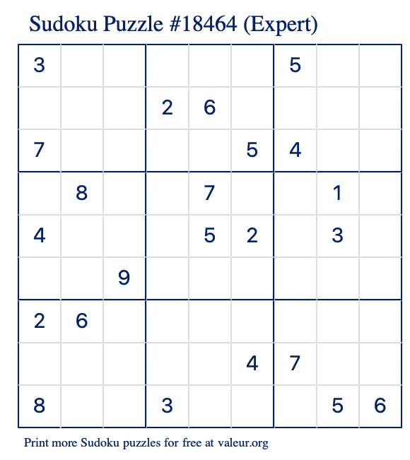 Free Printable Expert Sudoku Puzzle number 18464