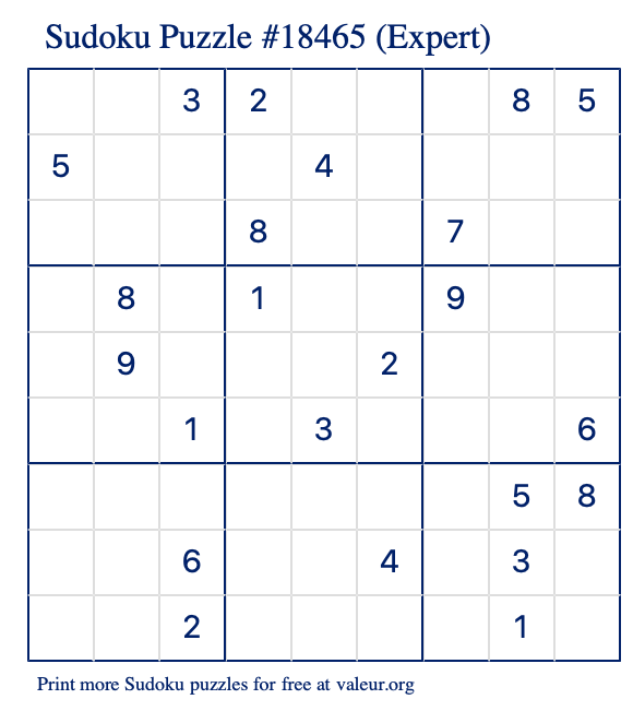 Free Printable Expert Sudoku Puzzle number 18465