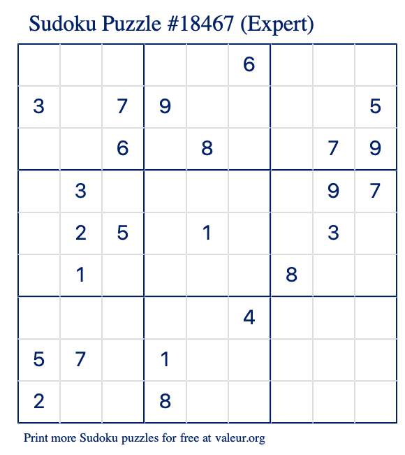 Free Printable Expert Sudoku Puzzle number 18467