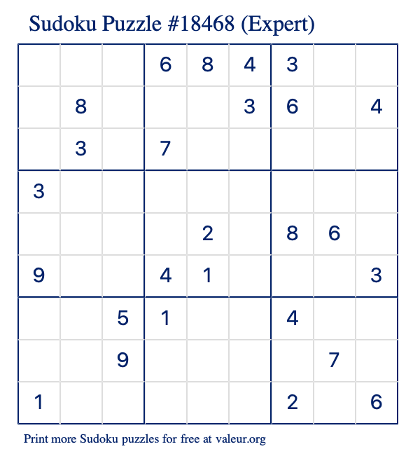 Free Printable Expert Sudoku Puzzle number 18468