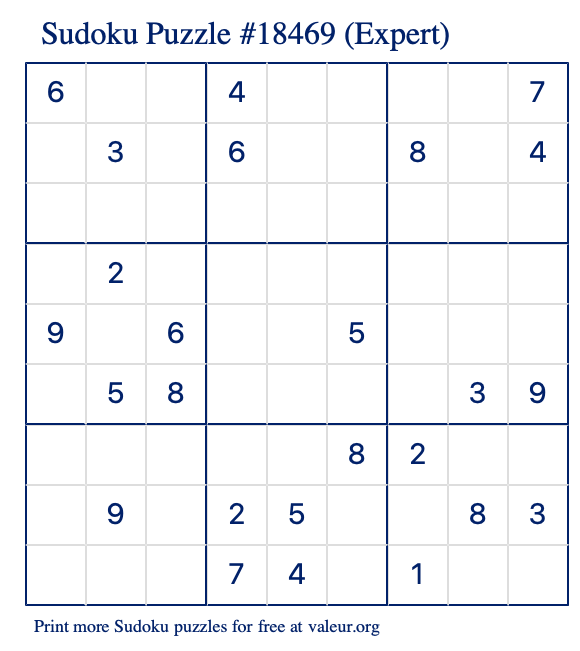 Free Printable Expert Sudoku Puzzle number 18469