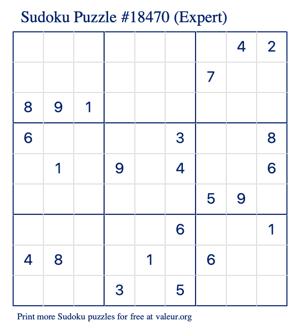 Free Printable Expert Sudoku Puzzle number 18470