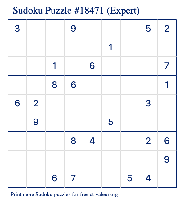 Free Printable Expert Sudoku Puzzle number 18471