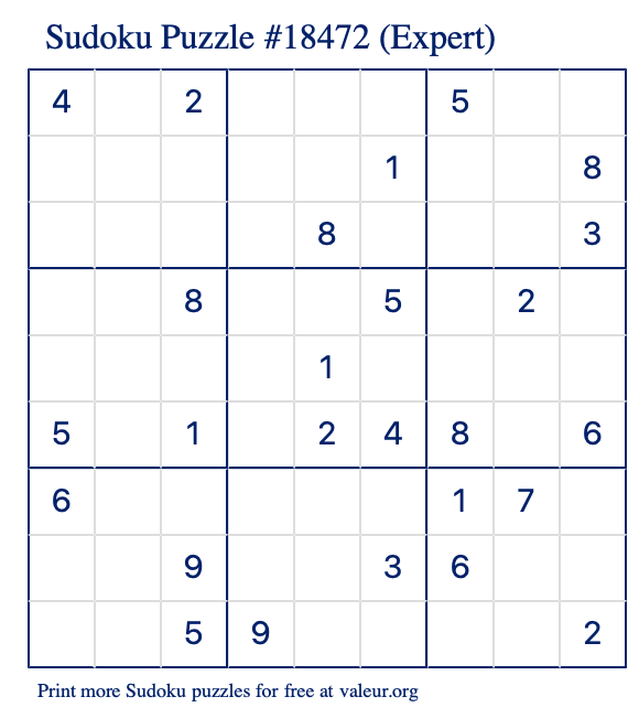 Free Printable Expert Sudoku Puzzle number 18472