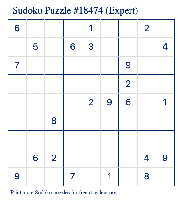 Free Printable Expert Sudoku Puzzle number 18474