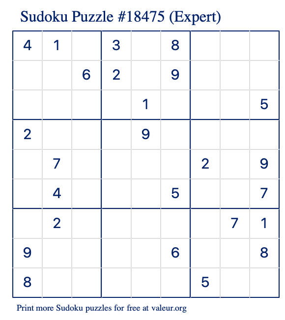 Free Printable Expert Sudoku Puzzle number 18475