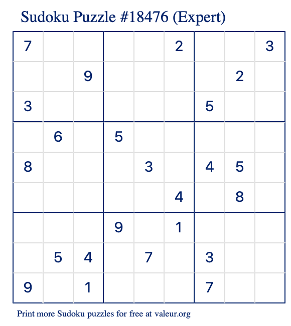 Free Printable Expert Sudoku Puzzle number 18476