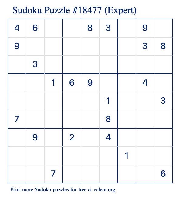 Free Printable Expert Sudoku Puzzle number 18477