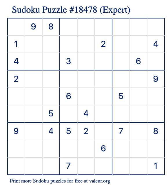 Free Printable Expert Sudoku Puzzle number 18478