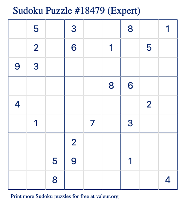 Free Printable Expert Sudoku Puzzle number 18479