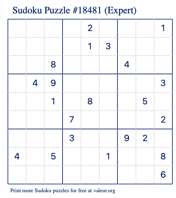 Free Printable Expert Sudoku Puzzle number 18481