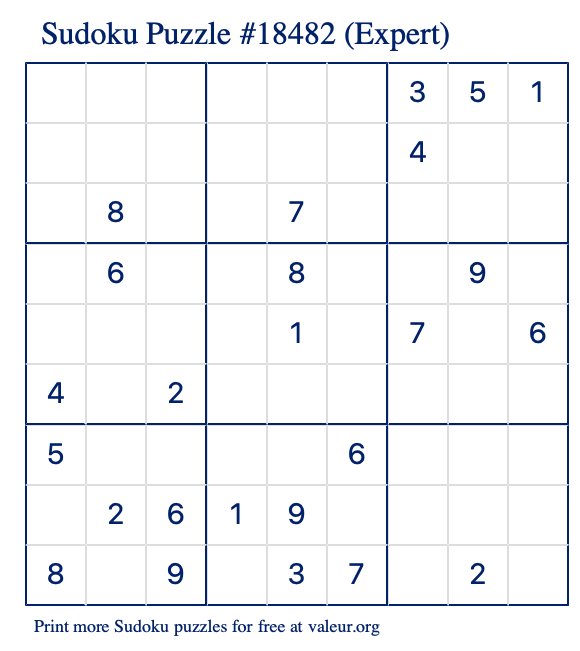 Free Printable Expert Sudoku Puzzle number 18482