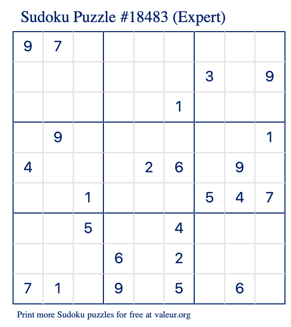 Free Printable Expert Sudoku Puzzle number 18483