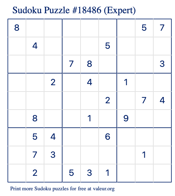 Free Printable Expert Sudoku Puzzle number 18486