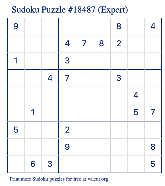 Free Printable Expert Sudoku Puzzle number 18487