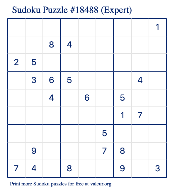 Free Printable Expert Sudoku Puzzle number 18488