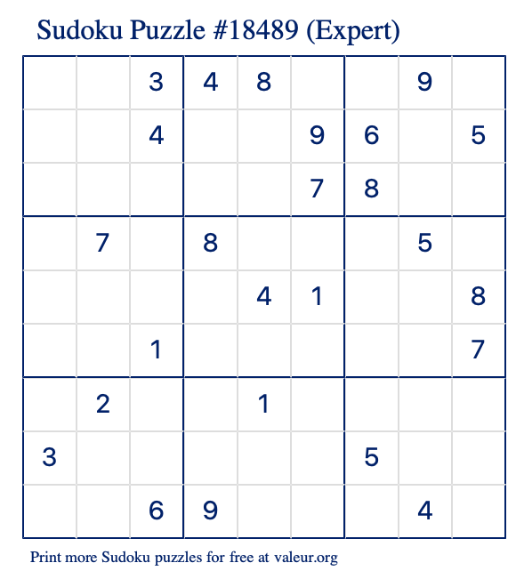 Free Printable Expert Sudoku Puzzle number 18489