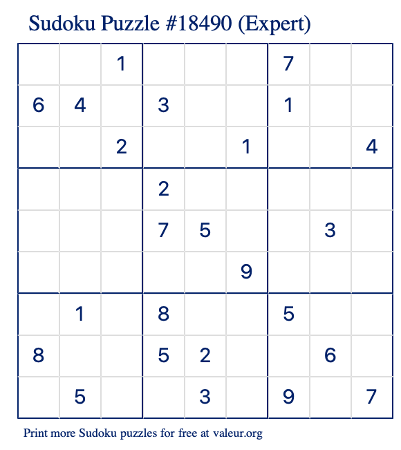 Free Printable Expert Sudoku Puzzle number 18490