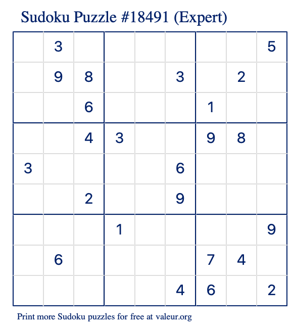 Free Printable Expert Sudoku Puzzle number 18491