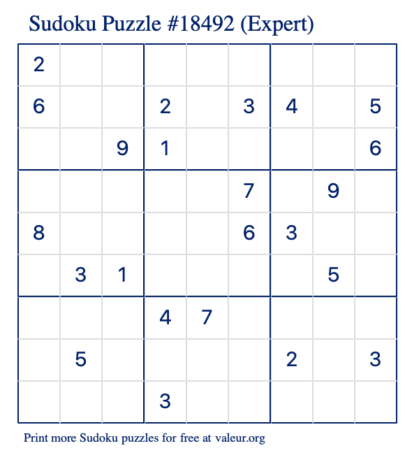 Free Printable Expert Sudoku Puzzle number 18492