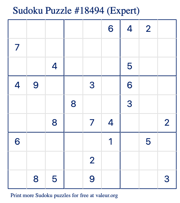 Free Printable Expert Sudoku Puzzle number 18494