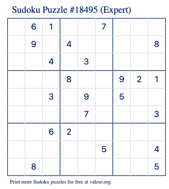 Free Printable Expert Sudoku Puzzle number 18495