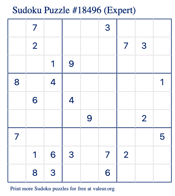 Free Printable Expert Sudoku Puzzle number 18496