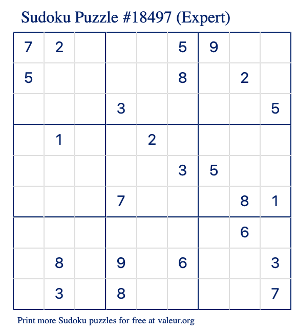 Free Printable Expert Sudoku Puzzle number 18497