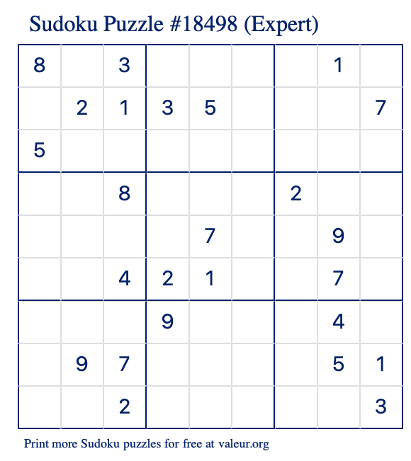 Free Printable Expert Sudoku Puzzle number 18498