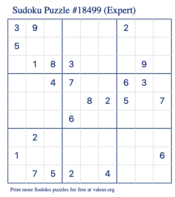 Free Printable Expert Sudoku Puzzle number 18499