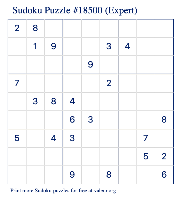 Free Printable Expert Sudoku Puzzle number 18500